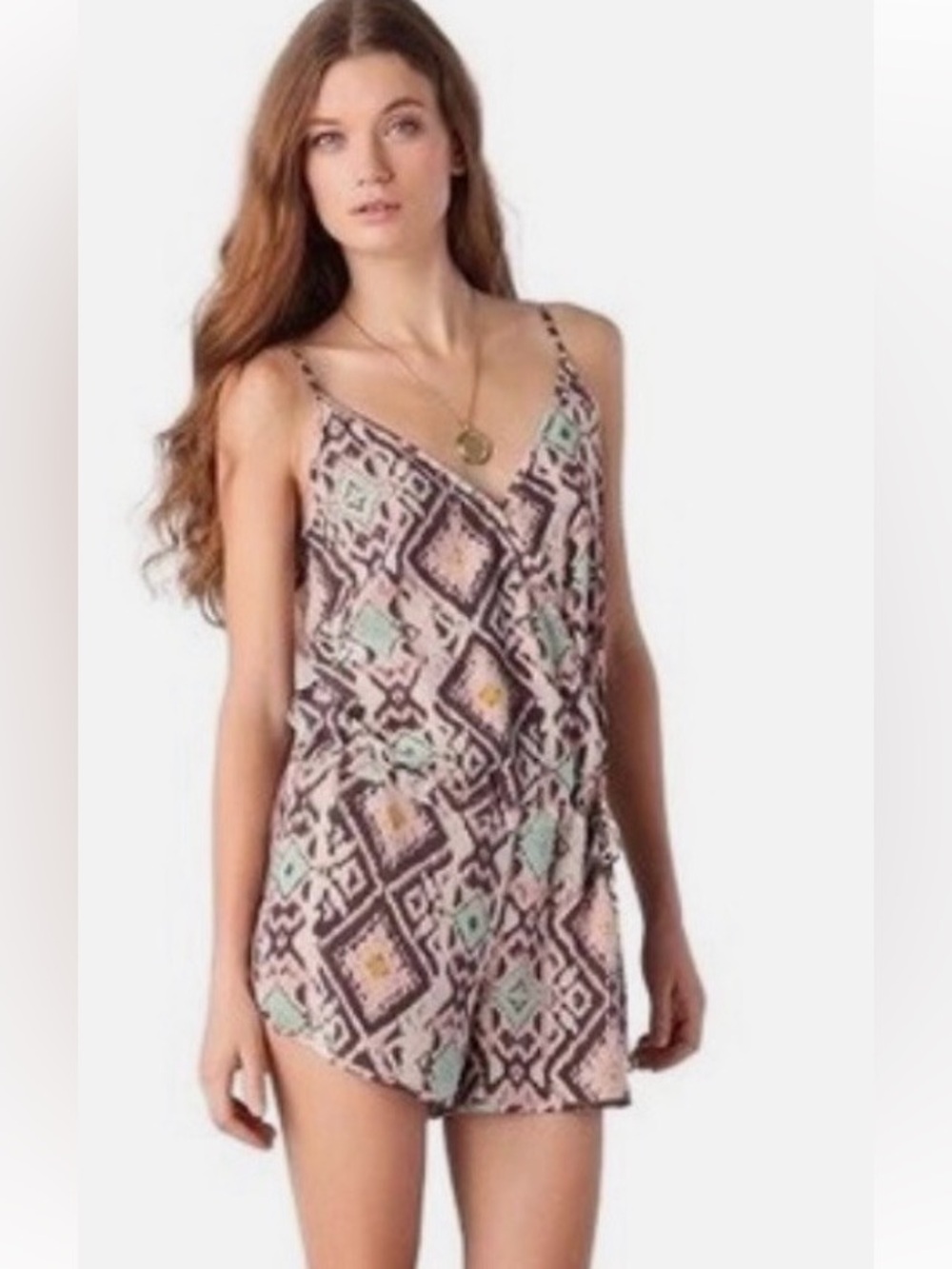 Rory Beca Geometric V-Neck Kees Romper with Colorful Accents